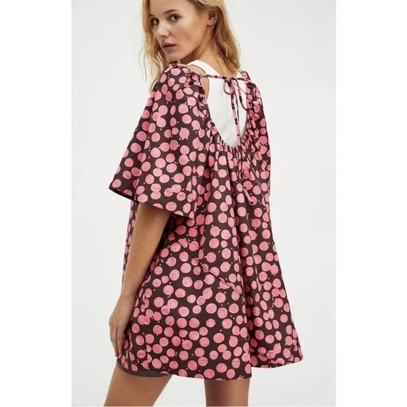 Free People Jodie Printed Tunic Small Chocolate Pink Dot Flowy Oversized - Picture 3 of 13